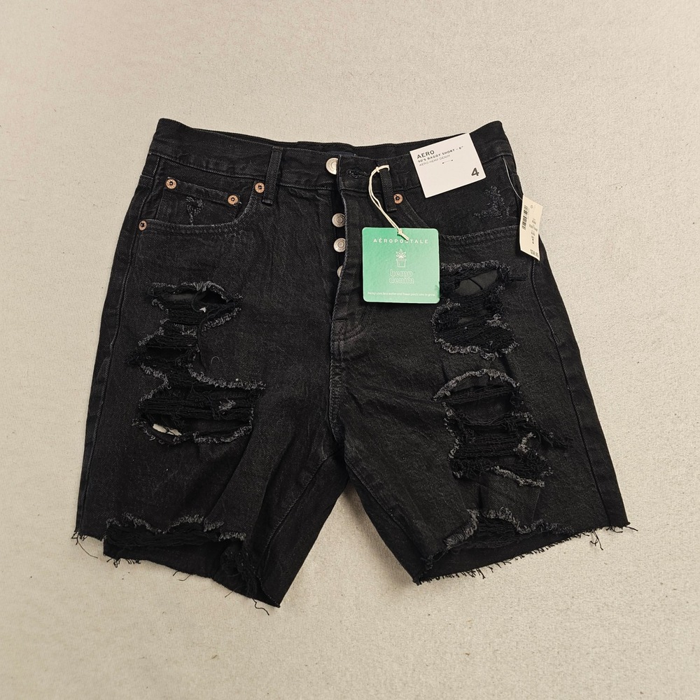 Aeropostale 90s Baggy Hemp Denim Shorts Black Distressed 8090 Size 4 NWT